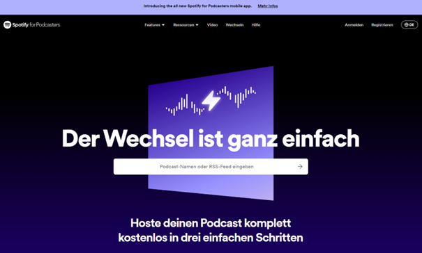 Screenshot Wechsel von einem anderen Hosting-Anbieter zu Spotify for Podcasters