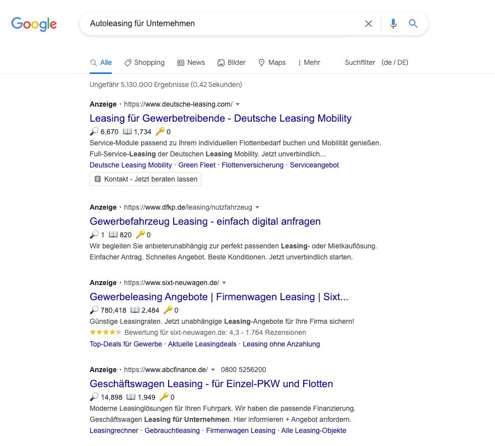 Suchmaschinenmarketing Beispiel Google Anzeigen