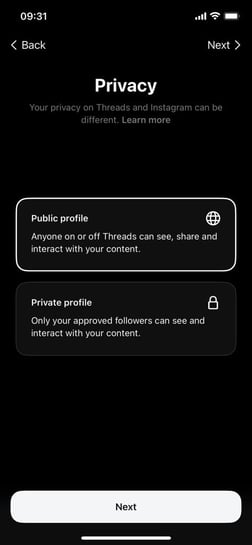 Threads Anmeldung Auswahl öffentliches oder privates Profil