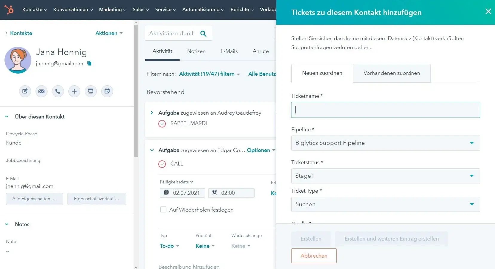 Screenshot aus dem Ticketsystem von HubSpot.