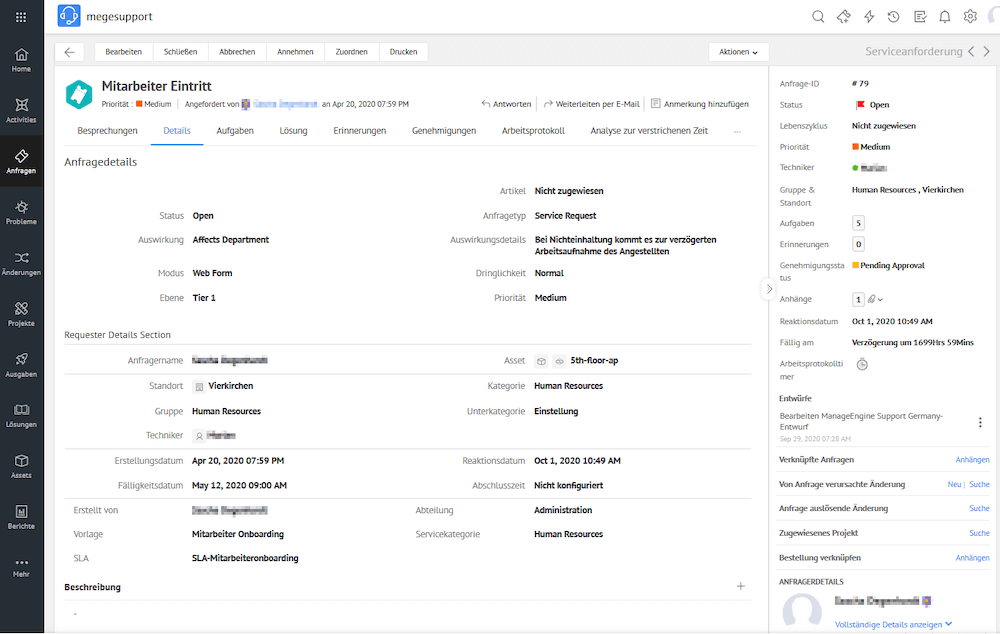 Screenshot aus dem Ticketsystem von ManageEngine