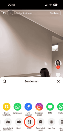 Screenshot aus TikTok mit der Markierung, wie man einen Stich verwendet