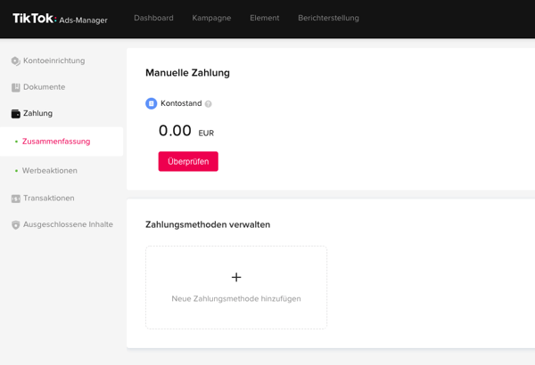 TikTok-Werbung: Zahlungsmethode Auswahl