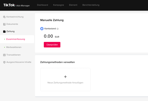 TikTok-Werbung:  Zahlungsmethode Auswahl