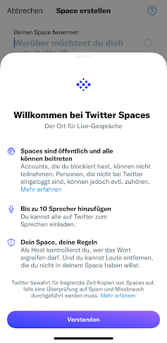 Twitter Spaces Willkommen Bildschirm