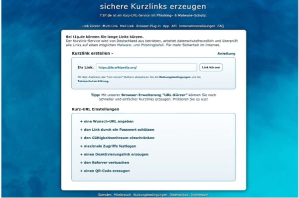 Screenshot des URL Shortener t1p.de