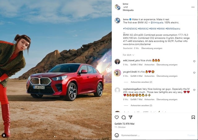 Screenshot von einer Werbeanzeige auf Instagram von BMW mit Lil Miguela