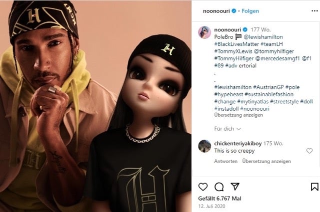 Screenshot einer Instagram-Werbung von Tommy Hilfiger mit Lewis Hamilton und Noonoouri