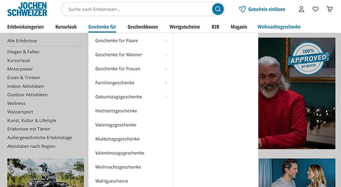 Screenshot Website mit Weihnachtsgeschäft Hinweisen Jochen Schweizer