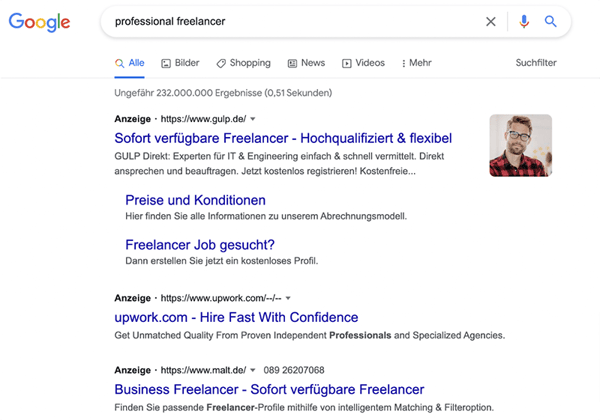 Werbemaßnahme Suchmaschinenmarketing Beispiel Upwork