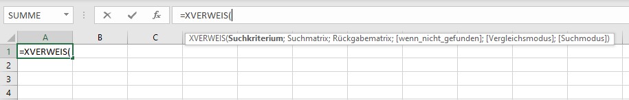 Parameter der Formel XVERWEIS in einer Excel-Tabelle