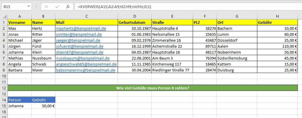 Beispiel von XVERWEIS mit einem Suchkriterium in Excel