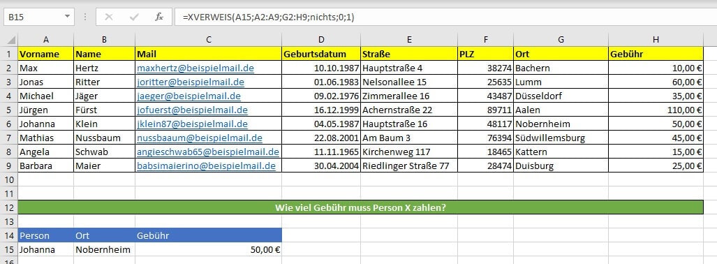 Beispiel von XVERWEIS mit zwei Suchkriterien in Excel