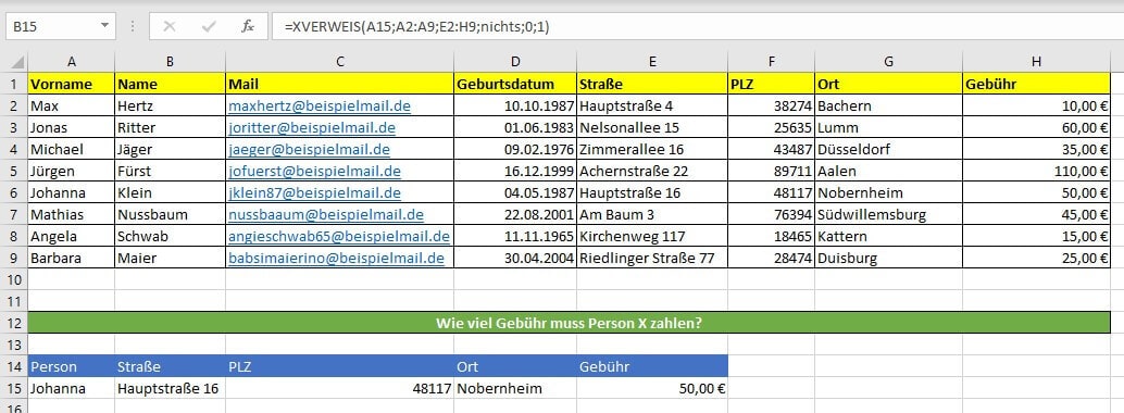 Beispiel von XVERWEIS mit mehreren Suchkriterien in Excel