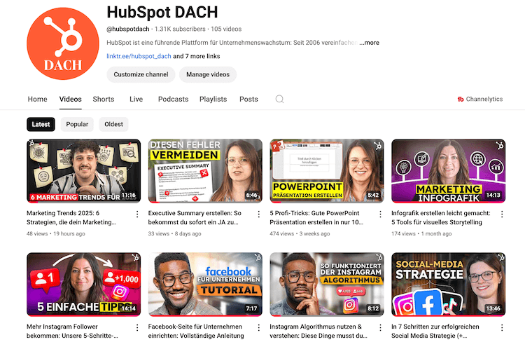 YouTube Channel von HubSpot DACH als Beispiel für individualisierte Thumbnails