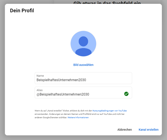 Screenshot den Menues, um Name und Alias zu wählen