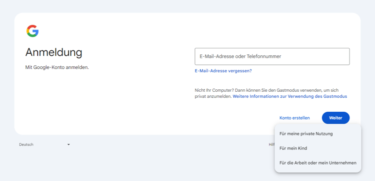 Screenshot Google-Konto Anmeldemaske