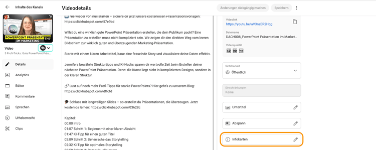 Screenshot YouTube-Backend, wo man die Infokarten findet