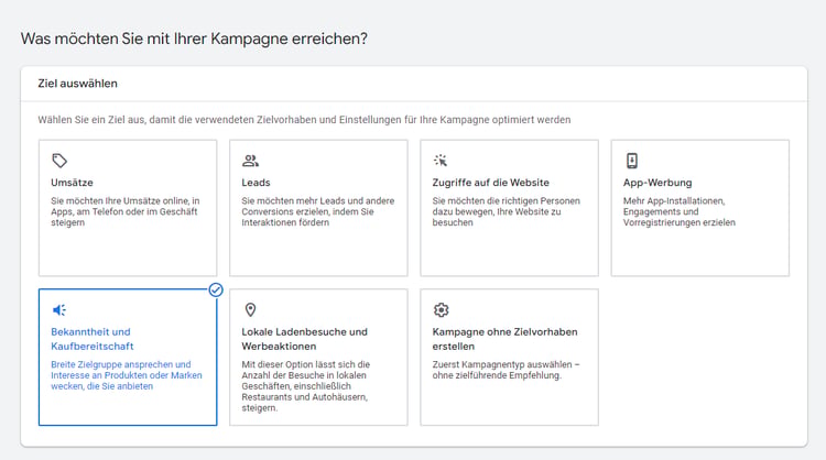 Screenshot zur Auswahl der Kampagne