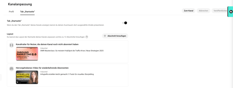 Screenshot der Kanalanpassung mit Videos fuer Videospotlight