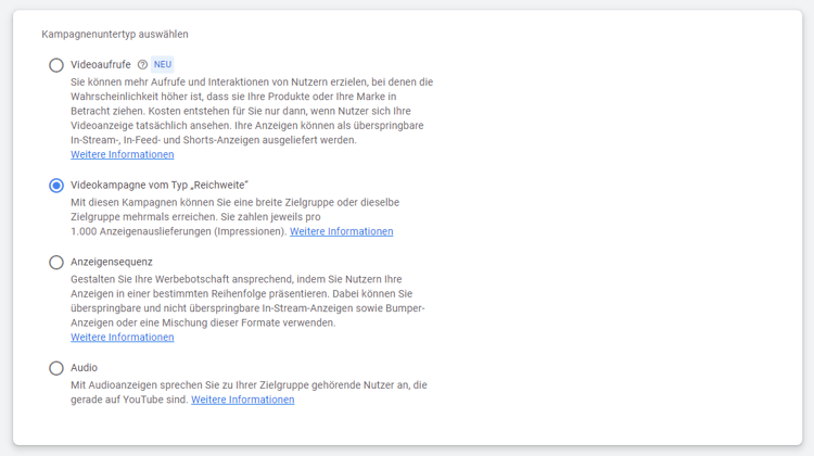 Screenshot Google Ads Reichweite als Kampagnenziel