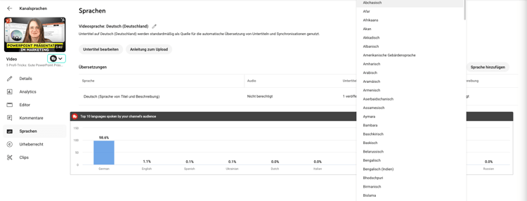 Screenshot den YouTube Backends, um eine neue Sprache zu dem Video hinzuzufuegen