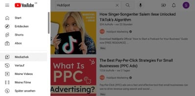Der Mediathek-Menüpunkt wird angezeigt, um alle YouTube-Playlists anzuzeigen