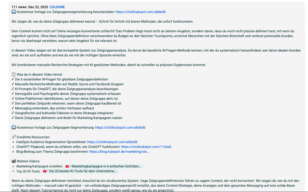 Screenshot einer Beschreibung vom YouTube-Kanal HubSpot DACH