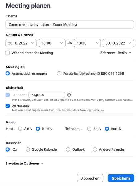Screenshot Zoom-Meeting erstellen Details
