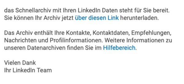 LinkedIn-Kontakte exportieren benachrichtigungs-e-mail