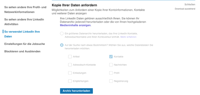 LinkedIn-Kontakte exportieren kopie ihrer daten anfordern