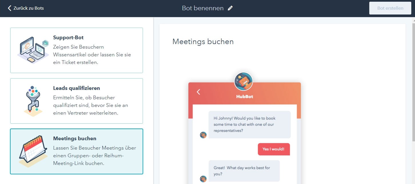 Screenshot aus dem Chatbot-Onboarding-Fenster von HubSpot