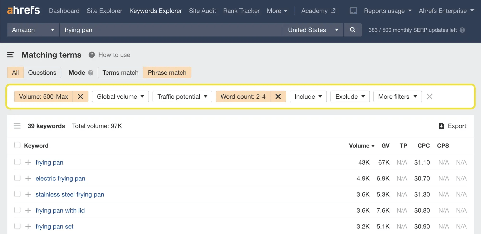 Screenshot der Ahref-Website im Tool zu Amazon-Keywords