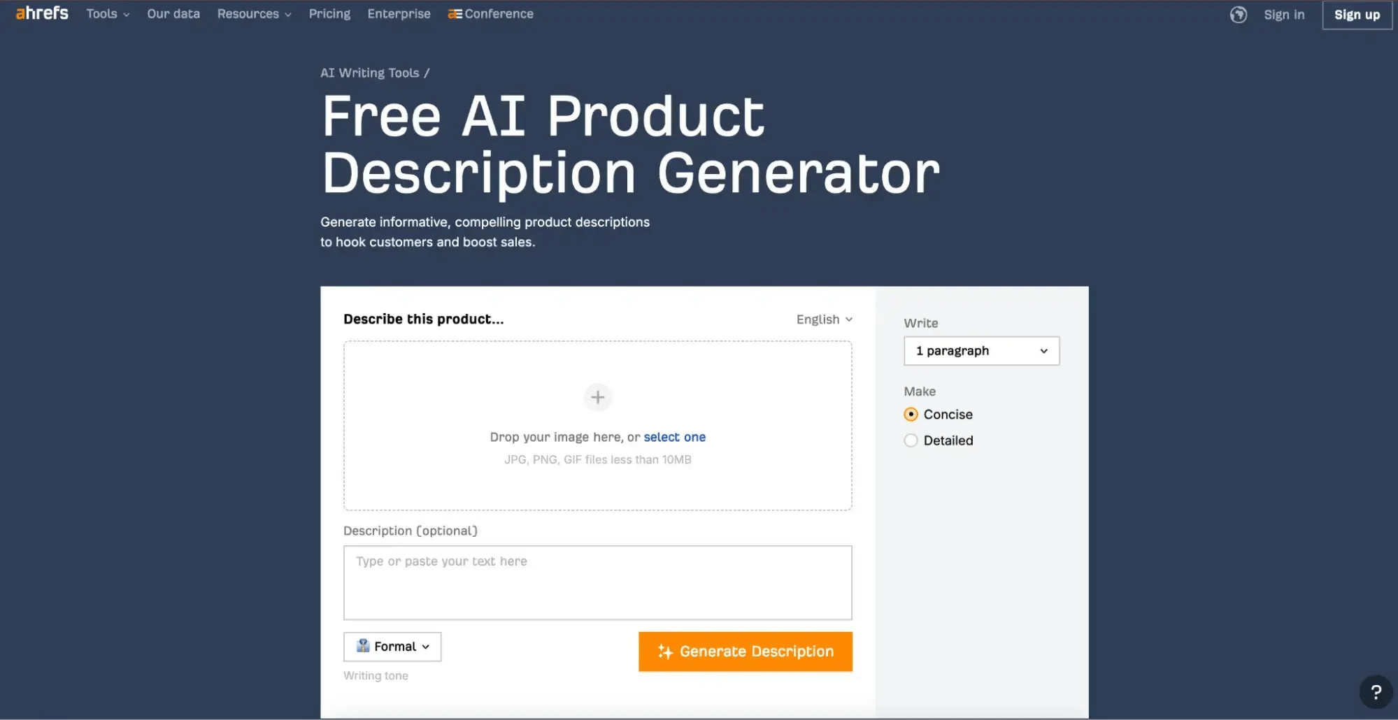 Screenshot der ahref Website mit dem kostenlosen KI Produktbeschreibungsgenerator