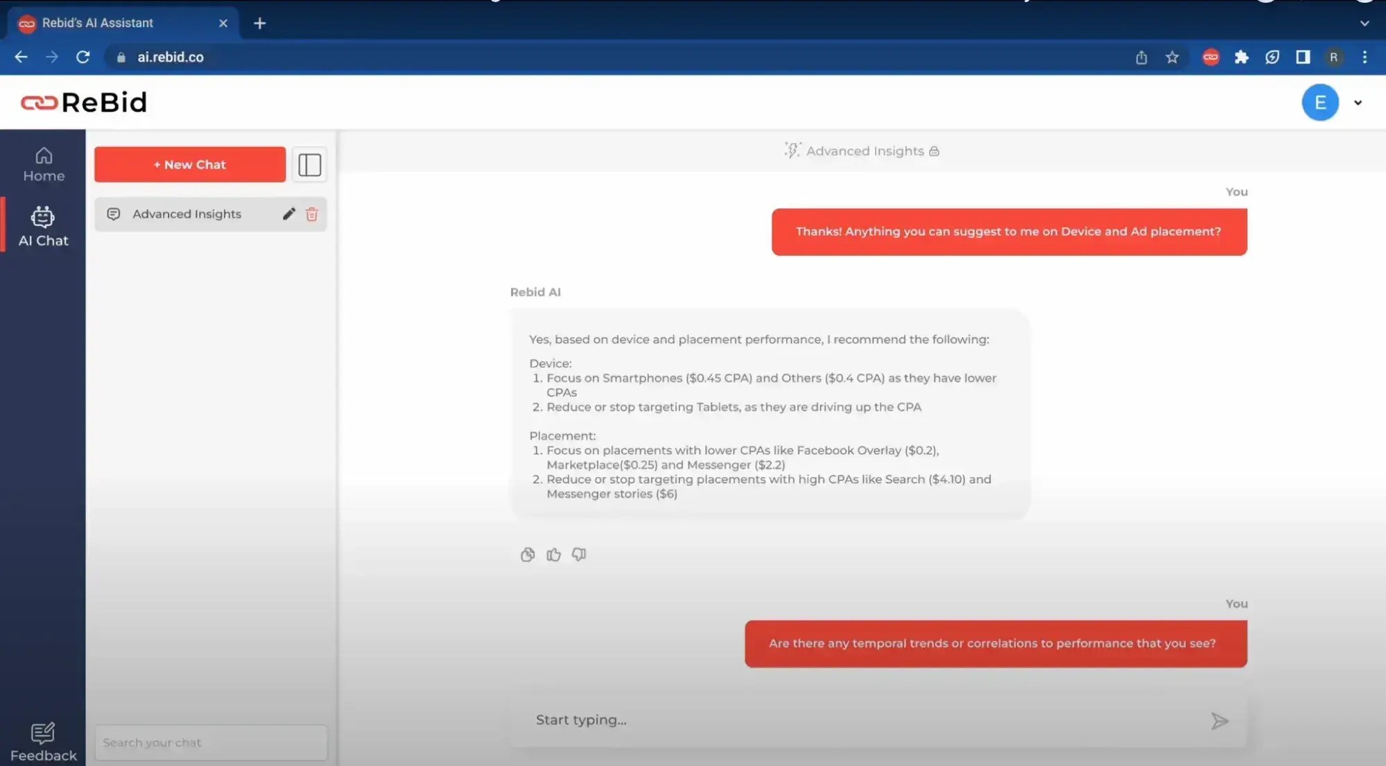 Sceenshot der Rebid Website mit Chatfenster