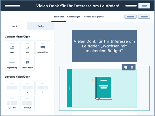 HubSpot E-Mail-Editor mit Content-Bausteinen zum Aufbau einer Newsletter-Liste