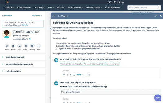 HubSpot Playbook mit Leitfragen für ein Analysegespräch im Kontaktdatensatz
