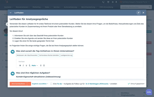 HubSpot Sales Playbook mit Gesprächsleitfaden für Analysegespräche im CRM