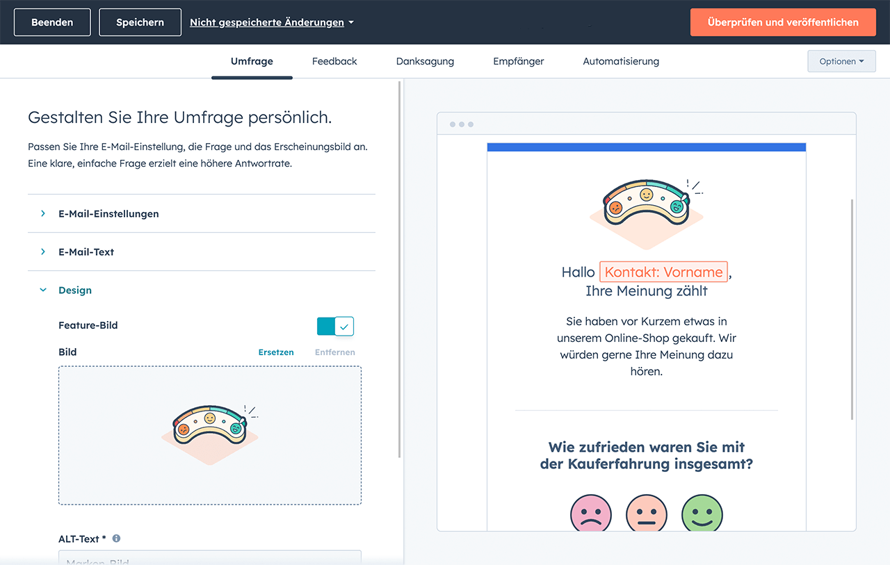 Screenshot der HubSpot Software für Kundenfeedback