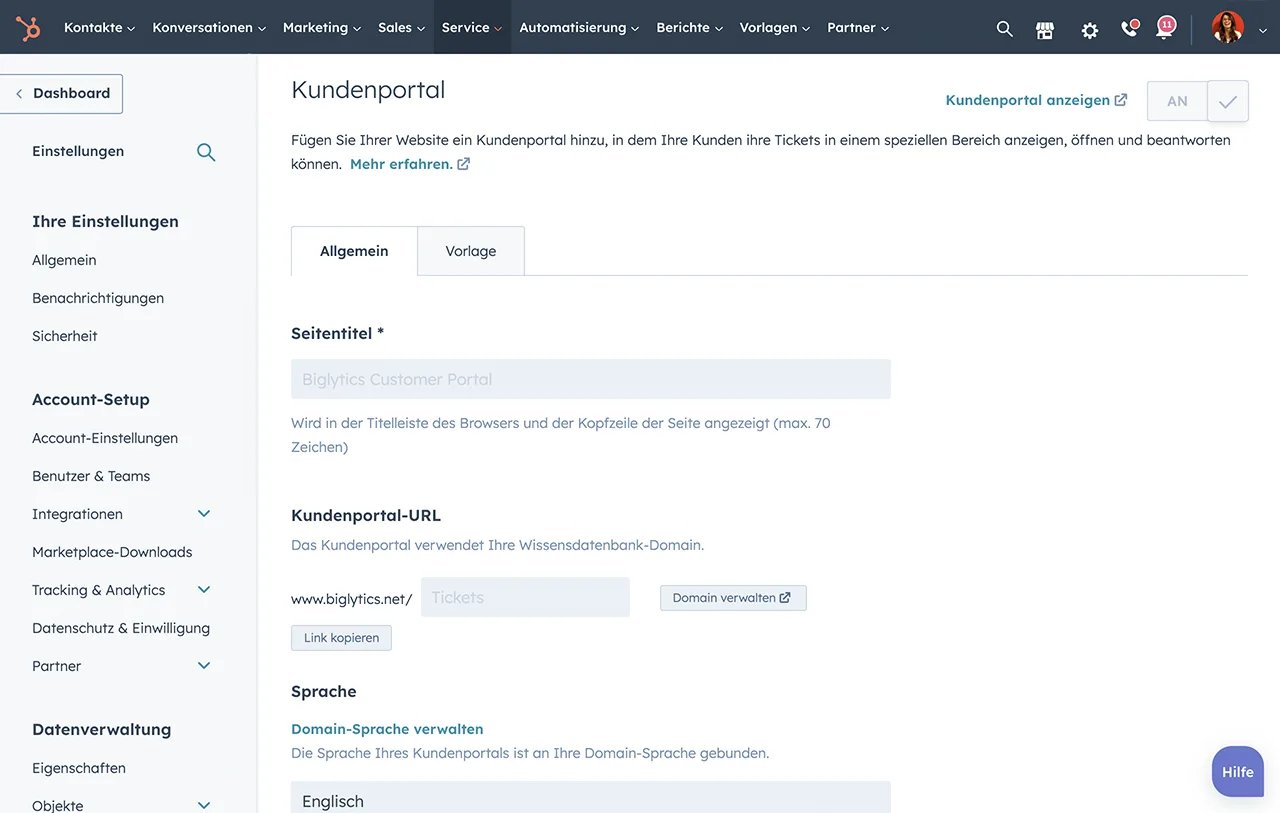 Screenshot aus dem HubSpot-Backend um ein Kundenportal einzurichten