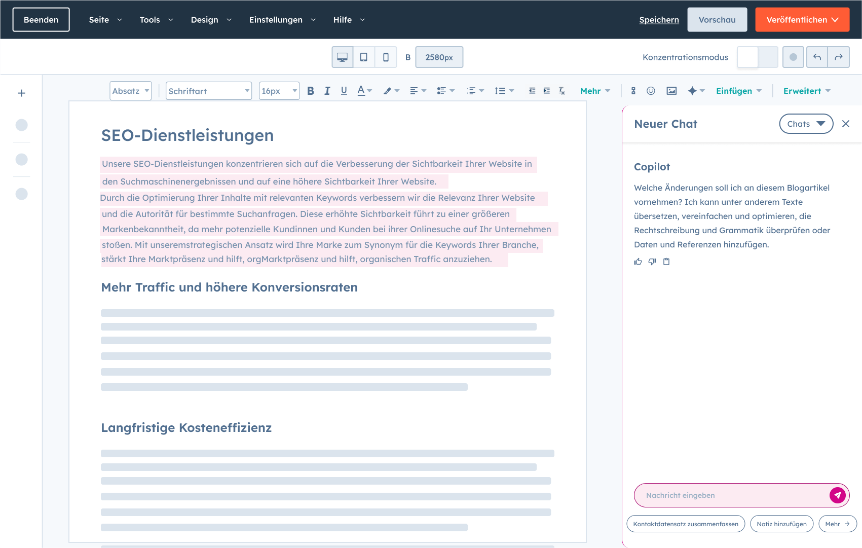Screenshot des HubSpot Agent Hub Content Agent