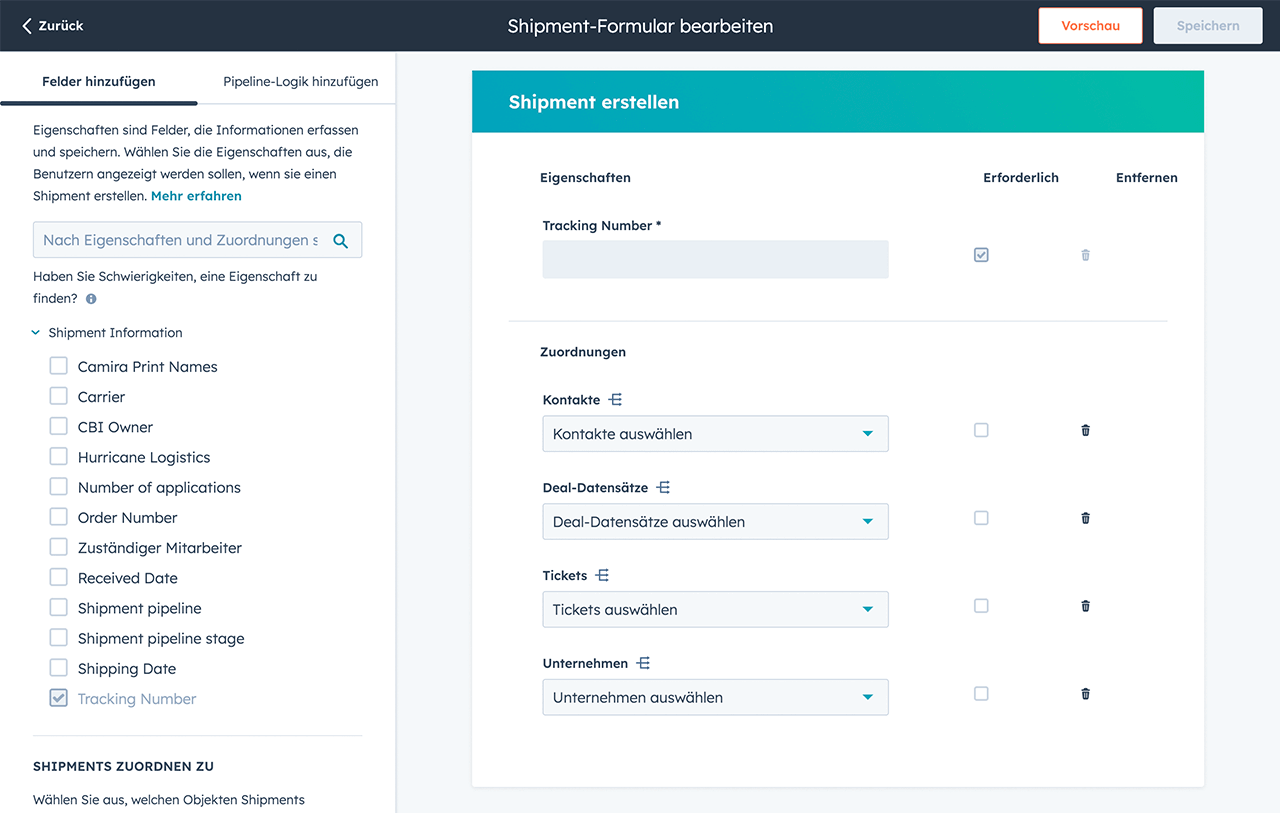 HubSpot Editor für benutzerdefinierte Objekte mit Shipment-Formular und Feldzuordnungen