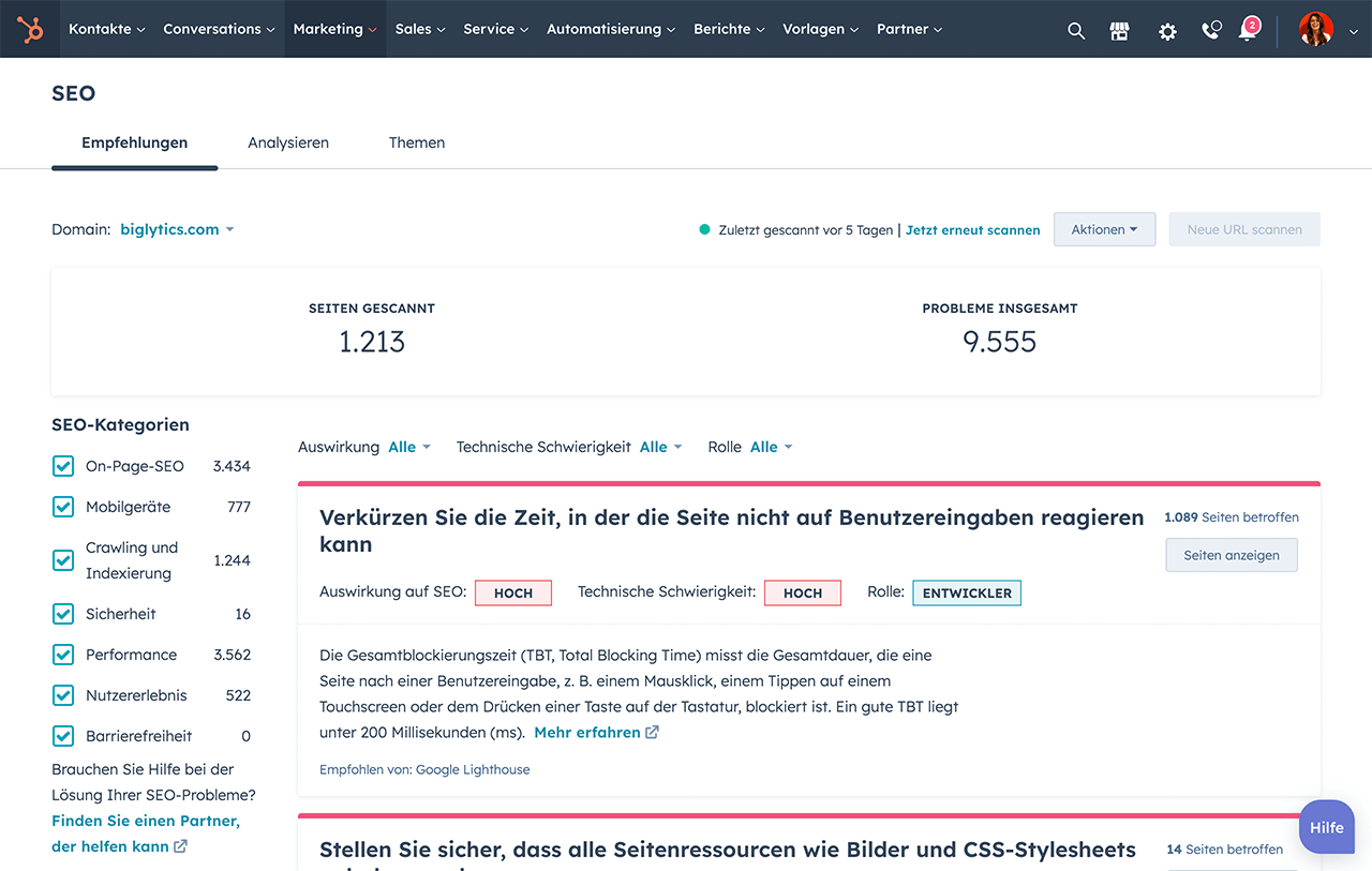 SEO-Vorschlaege im Marketing Hub 