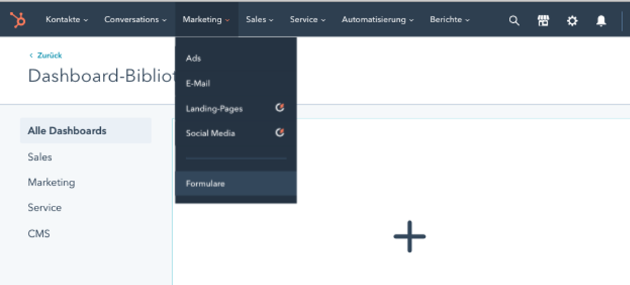 Screenshot des HubSpot Dashboards: Menü Formulare um Popup zu erstellen