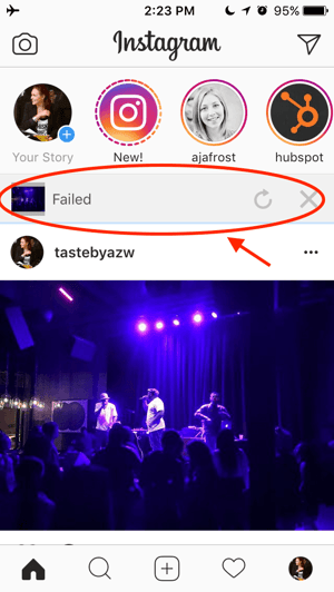 HubSpot-Fehlermeldung nach fehlgeschlagenem Upload eines Fotos auf Instagram