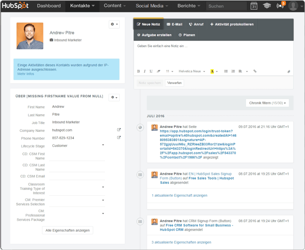 Kontakt-Eintrag in der HubSpot-Kontaktdatenbank Kontakt-Eintrag in der HubSpot-Kontaktdatenbank