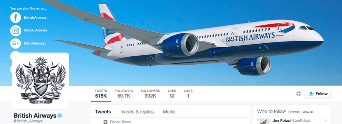 Beispiel eines gelungenen Twitter-Titelbilds - British Airways Beispiel eines gelungenen Twitter-Titelbilds - British Airways