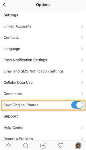 Die Option „Originalfotos speichern“ in Instagram