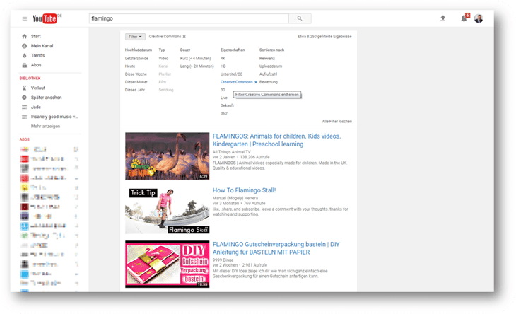 Creative-Commons-Suchergebnisse bei YouTube