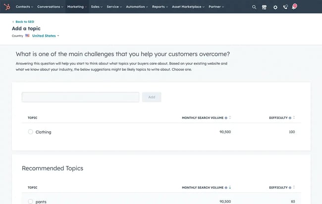 Screenshot für Themencluster aus dem HubSpot SEO Tool